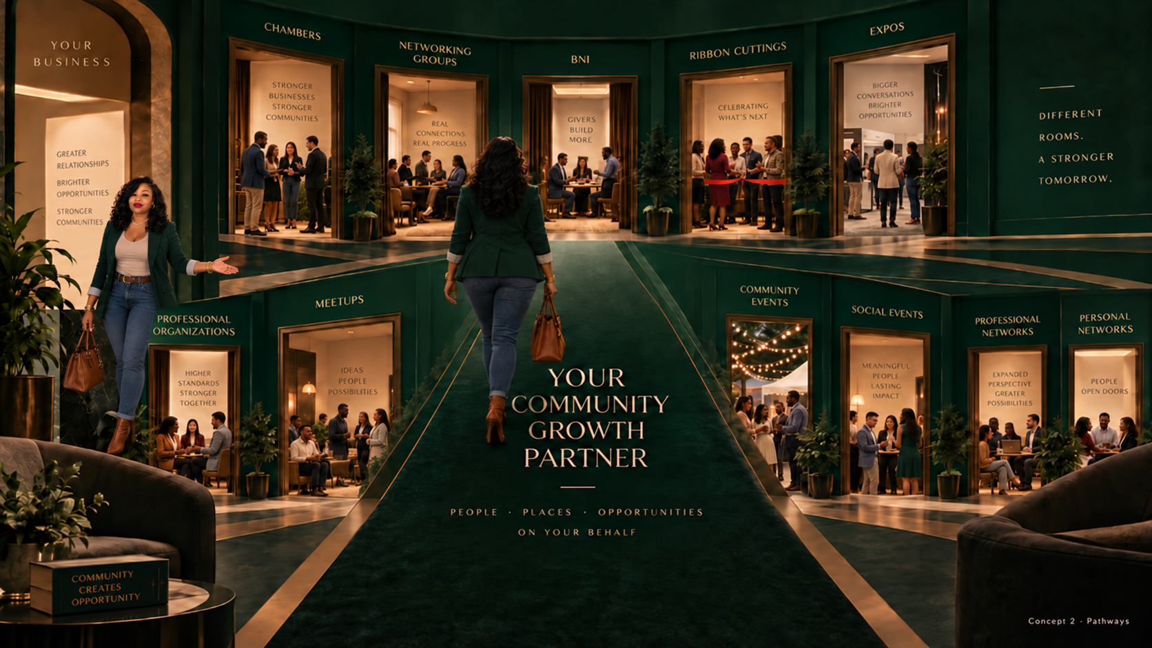 A Community Growth Partner walking a pathway lined with doorways into chambers, networking groups, BNI, ribbon cuttings, expos, meetups, community events, social events, and professional and personal networks