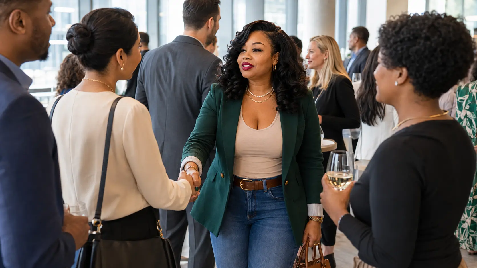 A Community Growth Partner shaking hands with a business professional while others talk nearby