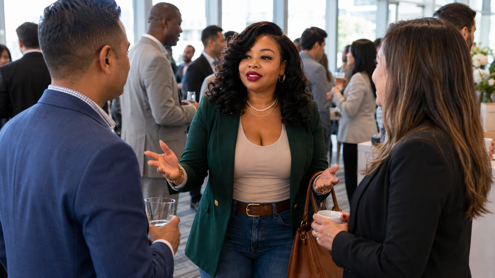 A Community Growth Partner talking with two business owners at a Dallas business meetup
