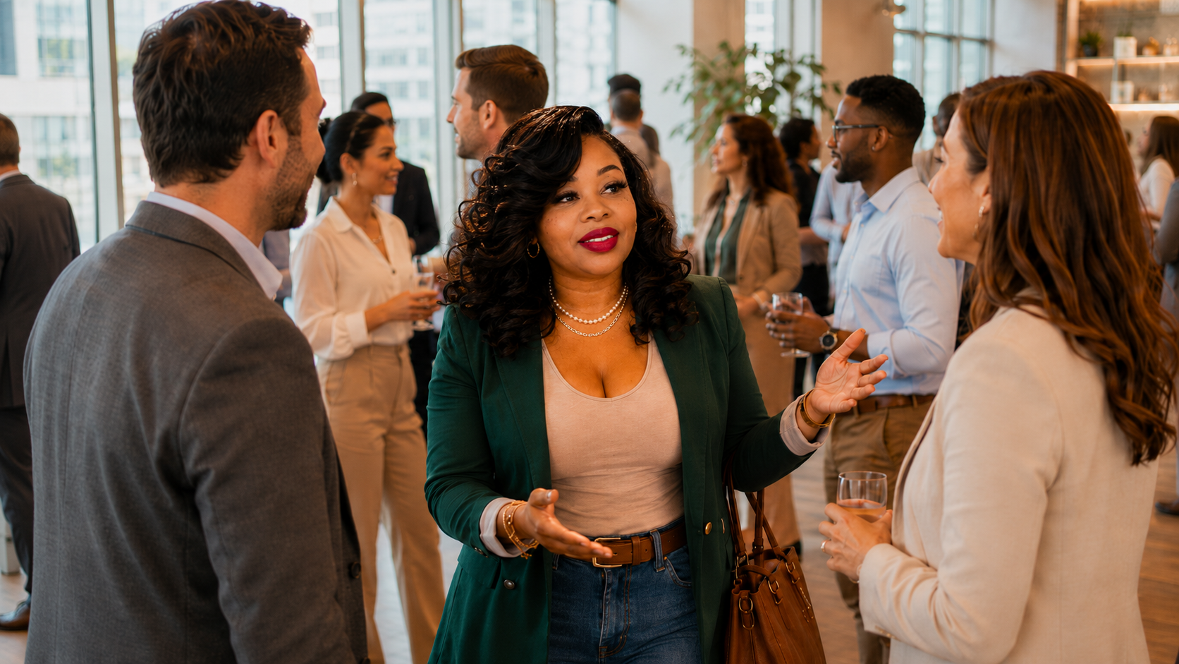 A Community Growth Partner in conversation with two business professionals at a downtown evening reception