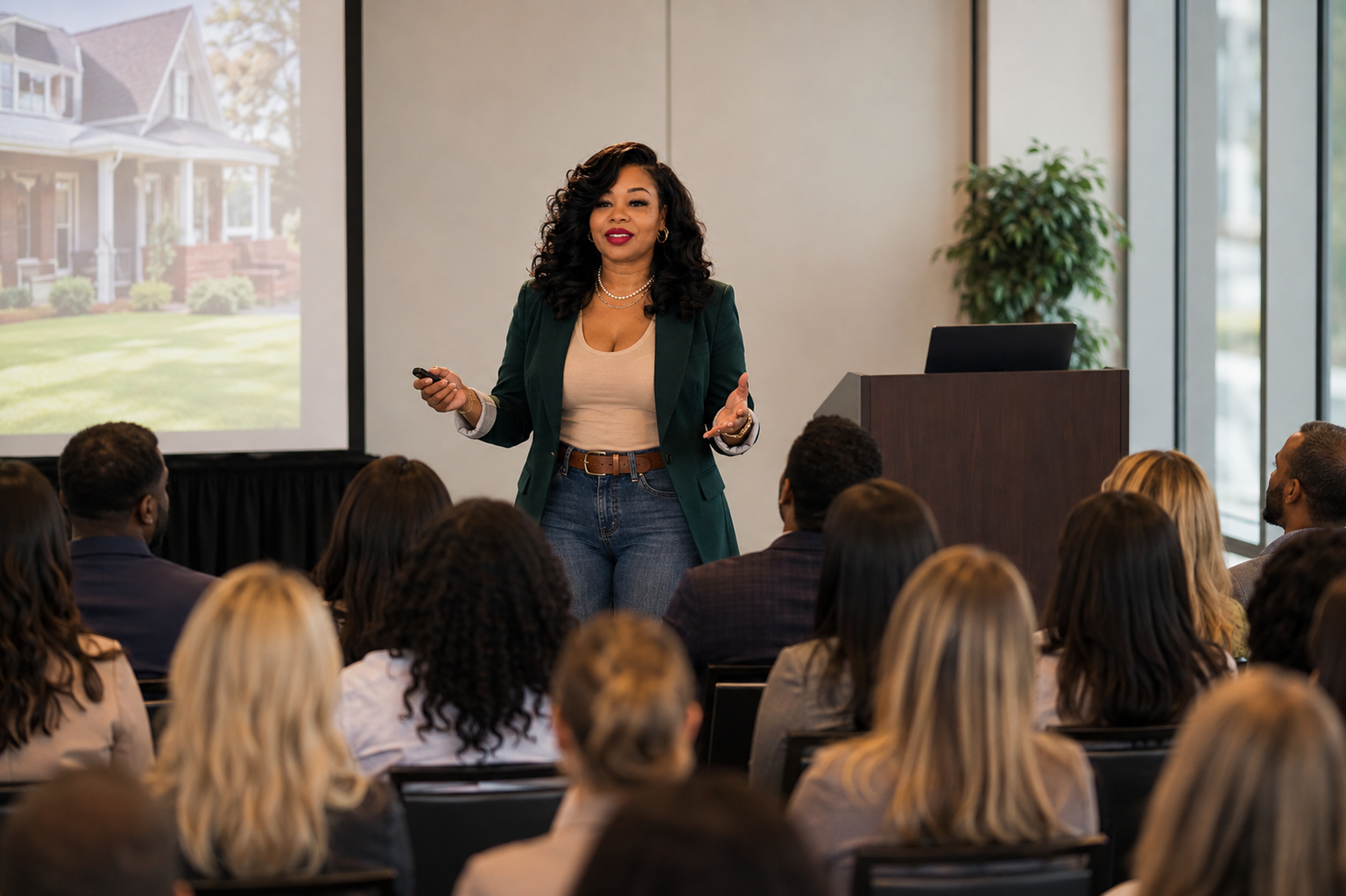 A Community Growth Partner presenting to a full room of business professionals during a seminar