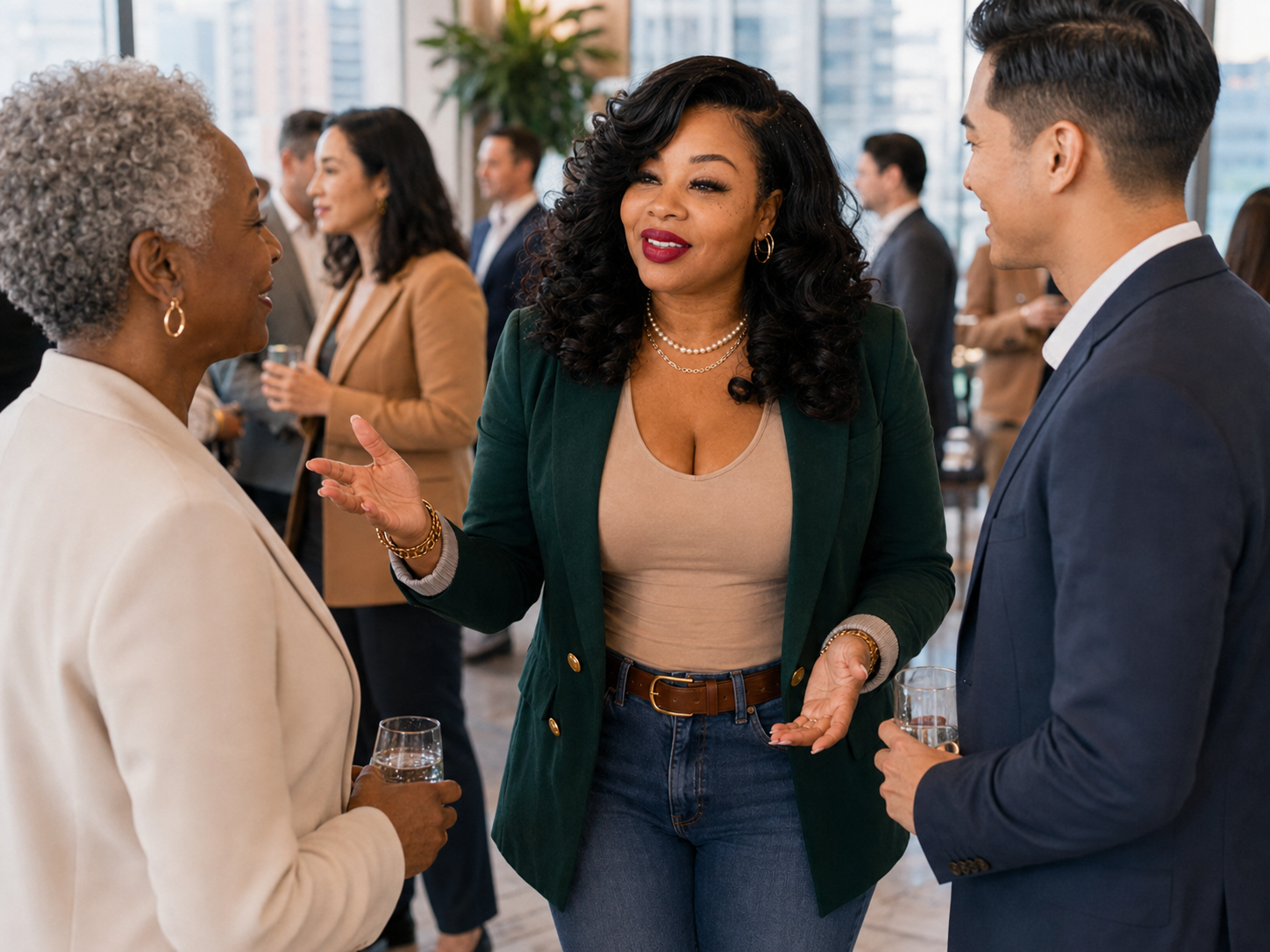 A Community Growth Partner speaking with two business professionals at a high-rise networking event overlooking the Dallas skyline