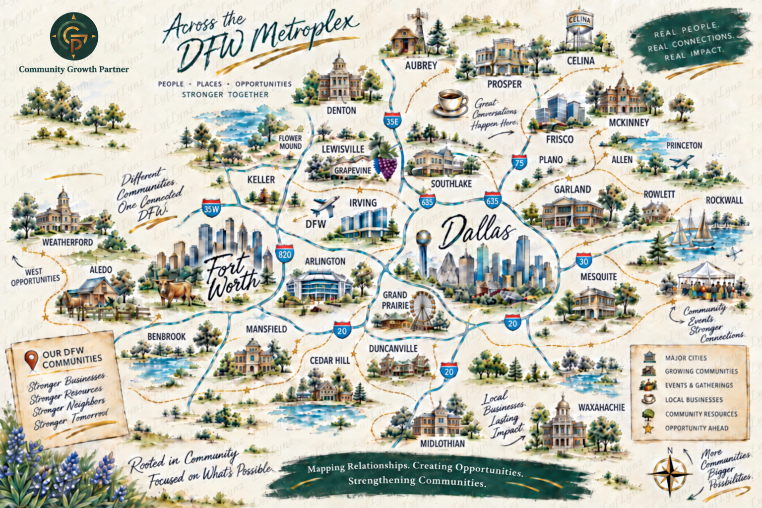 Illustrated map of Community Growth Partner opportunities across the Dallas-Fort Worth Metroplex