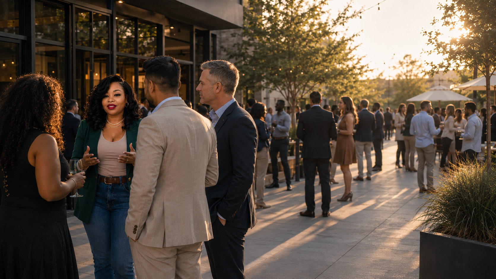 A Community Growth Partner talking with business professionals at a busy outdoor networking gathering at sunset