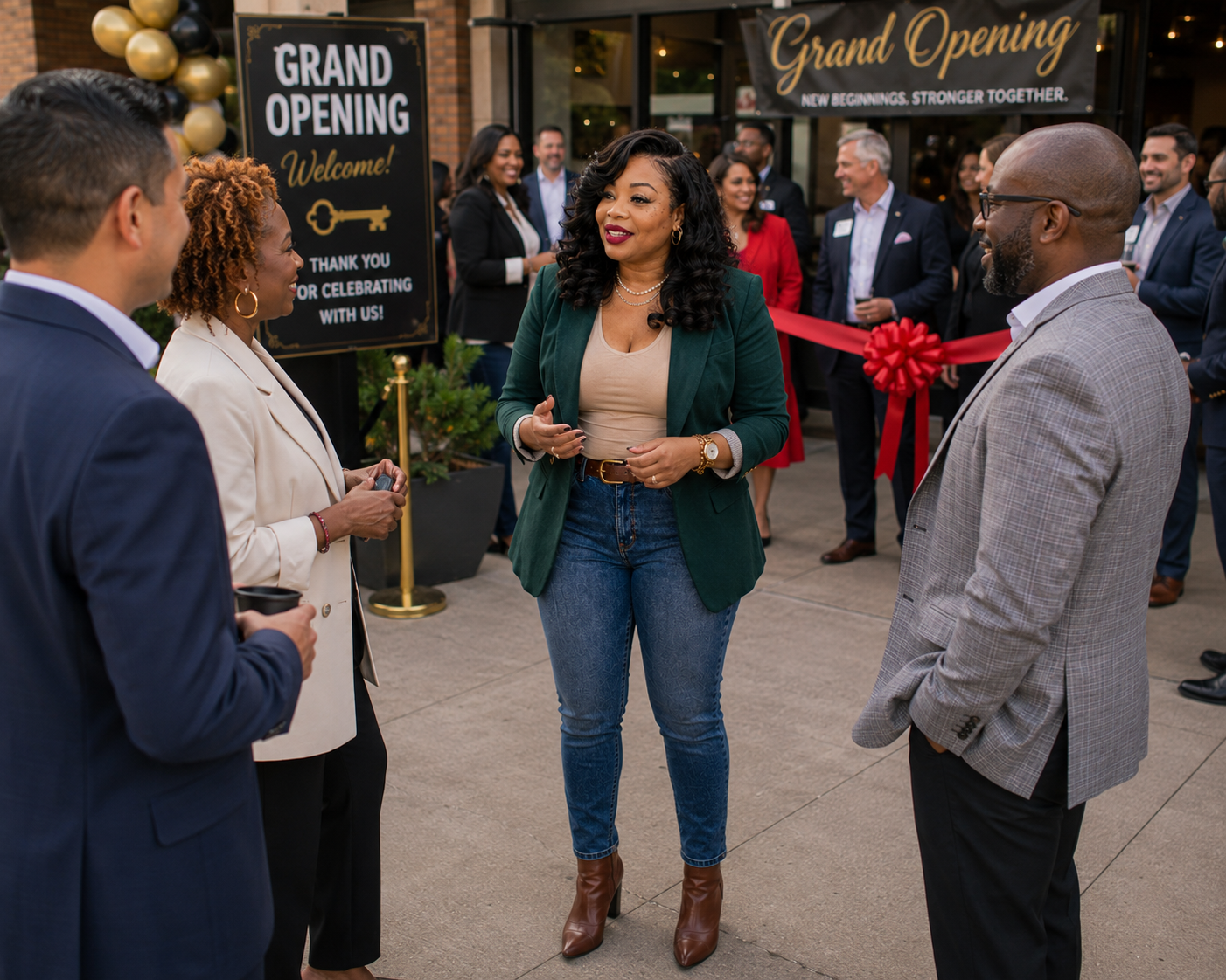 A Community Growth Partner talking with business owners at a grand opening ribbon cutting