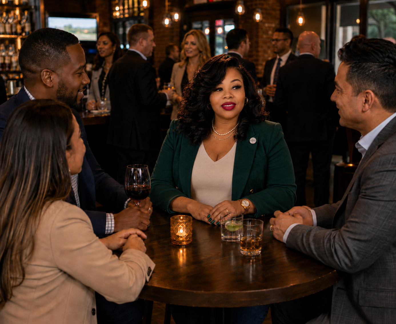 A Community Growth Partner seated at a table in conversation with business owners at an evening mixer