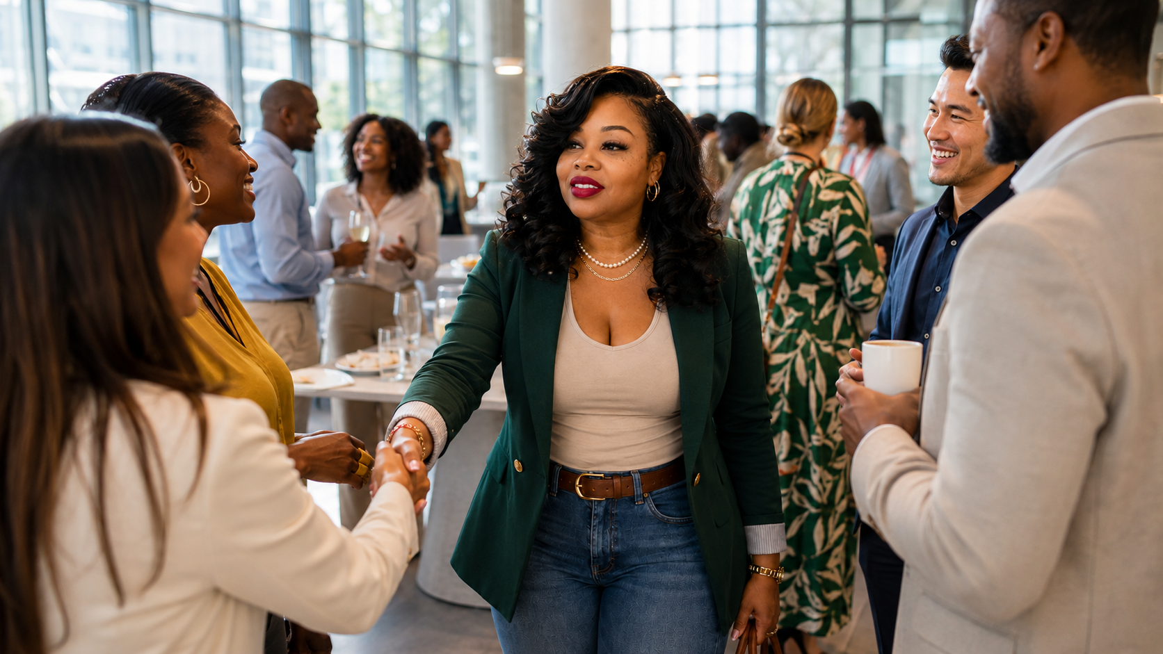 A Community Growth Partner shaking hands and being introduced during a business networking reception