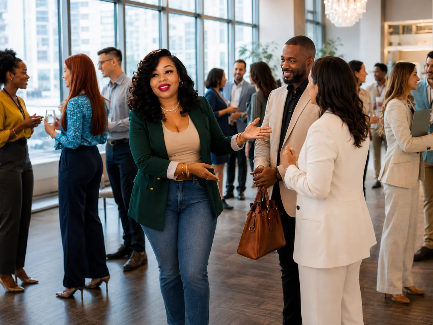 A Community Growth Partner introducing two business professionals to each other at a networking seminar