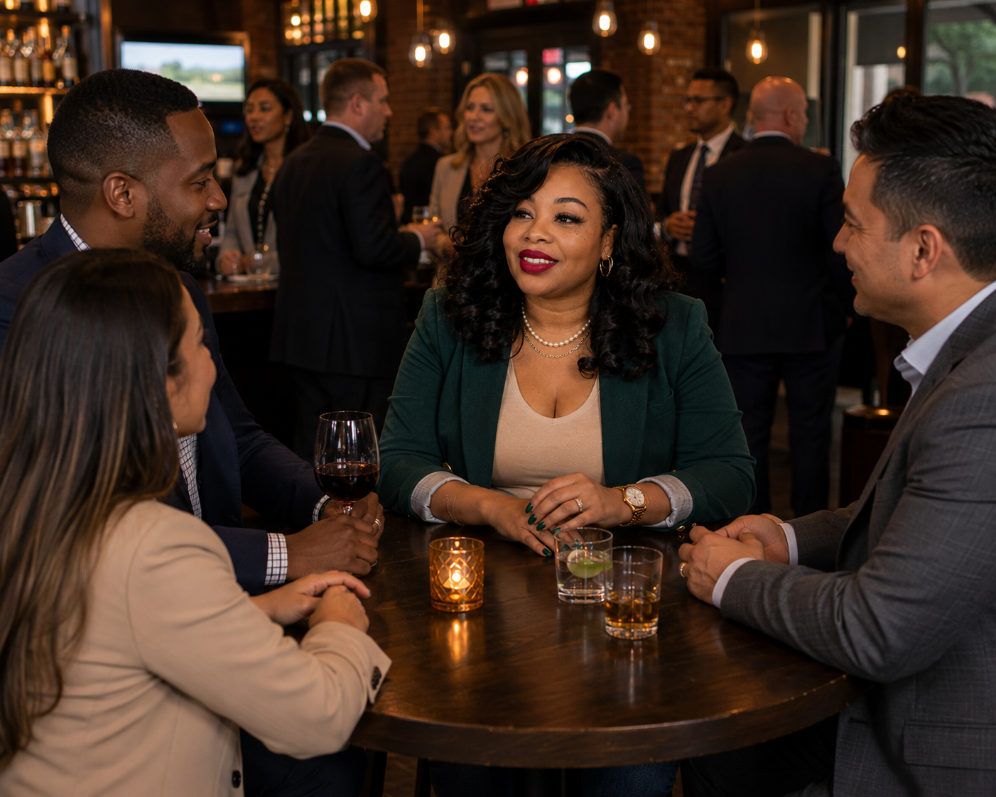 Business owners in conversation with a Community Growth Partner around a table at an evening business mixer