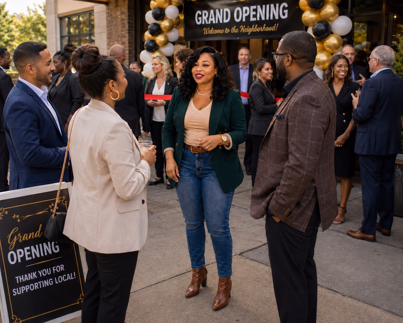 Business professionals in conversation at a grand opening ribbon-cutting celebration outside a local business