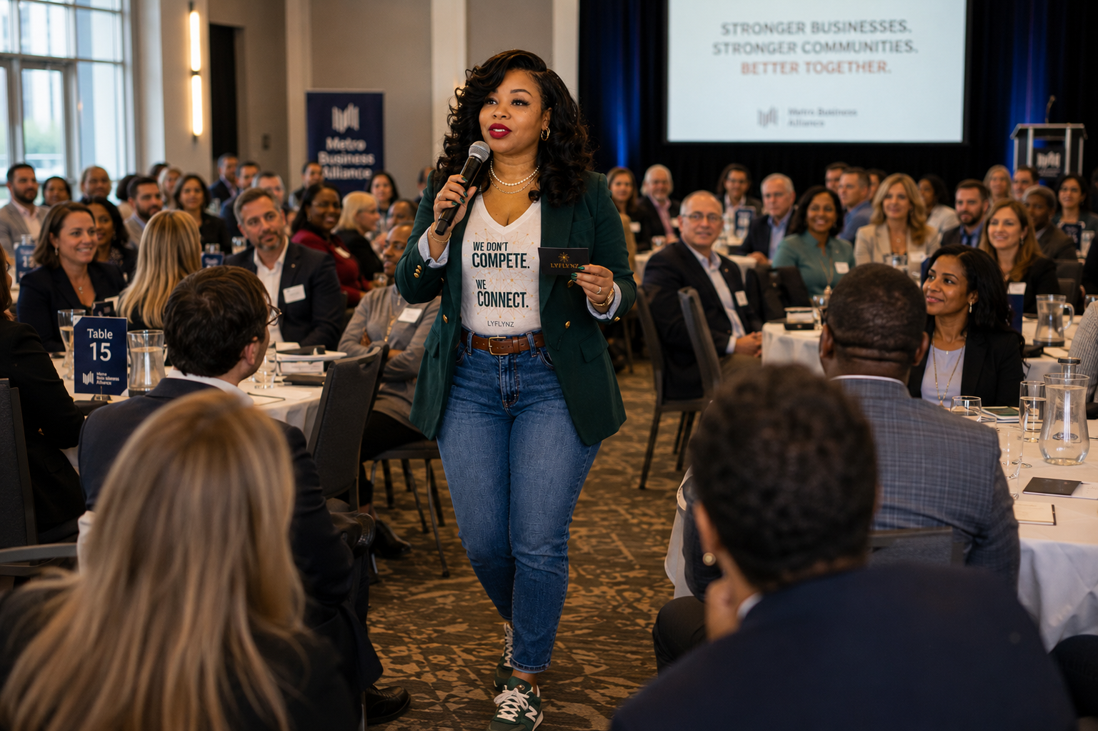 A Community Growth Partner speaking with a microphone in front of a seated business audience